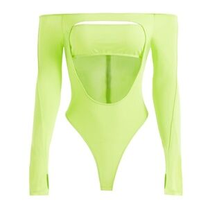 NWT- Mugler H&M Cut Out Acid Neon Green Long Sleeve Bodysuit, Size XXS